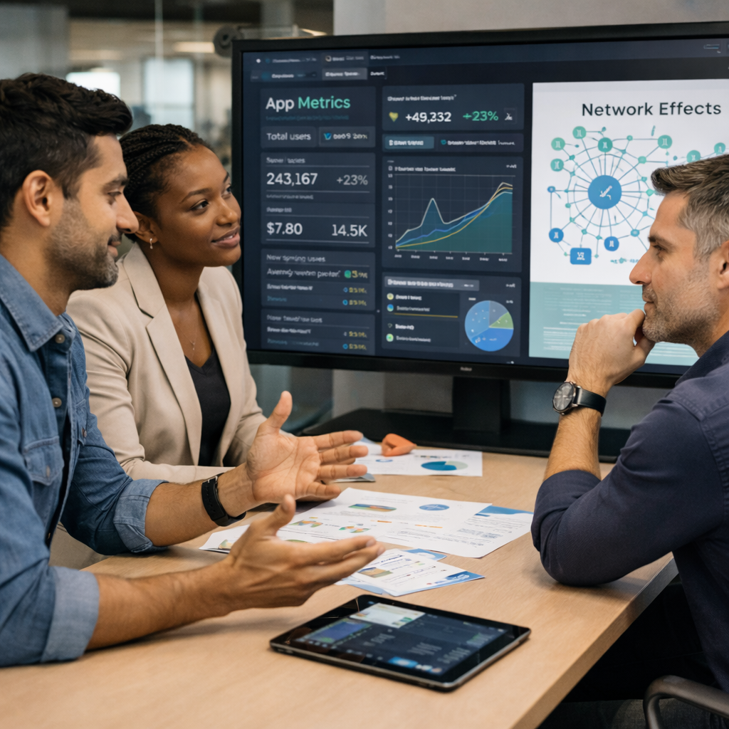 Startup team reviewing platform growth and network effect metrics.